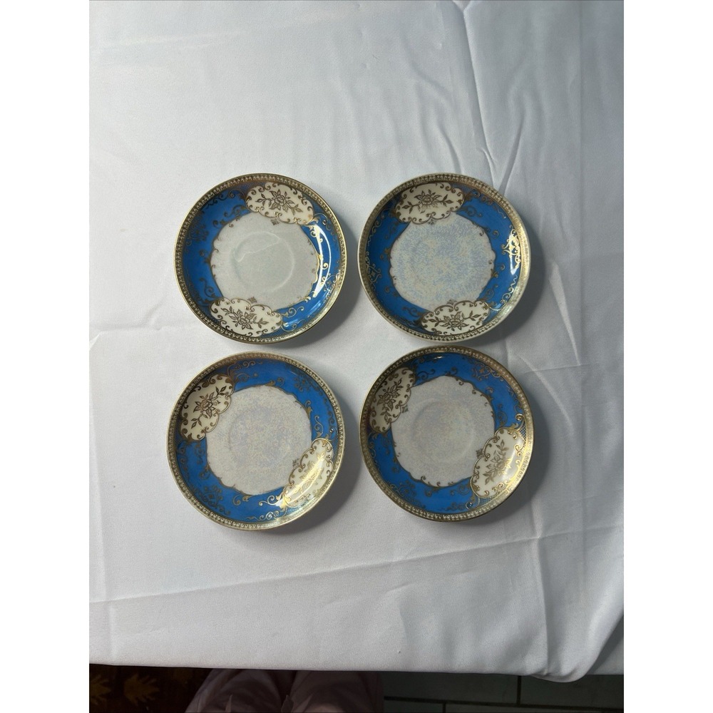 Noritake M Hand Painted Japan 6" Plates Set of 4 Blue Gold Luster Antique
